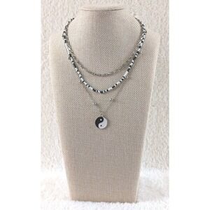 Layered‎ Yin Yang Necklace – Black White Beaded Choker & Chain Set